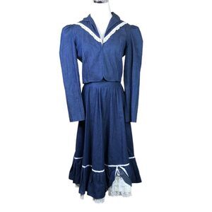 Stage West Vintage Square Dance Outfit Blue Denim White Eyelet Lace Rockabilly